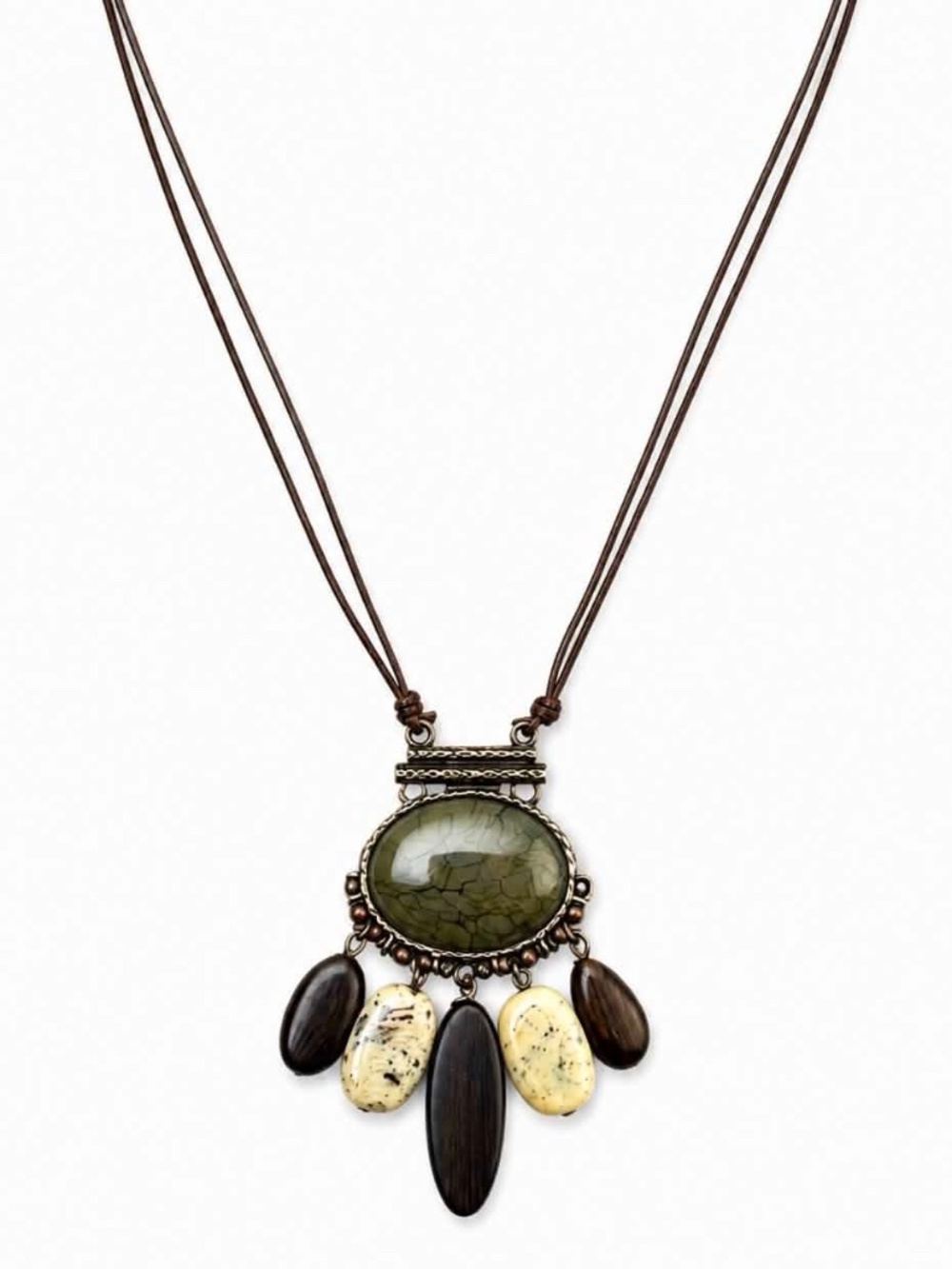 ANTHROPOLOGIE • Boho Statement Pendant Necklace Green Stone Wood Beads Charms